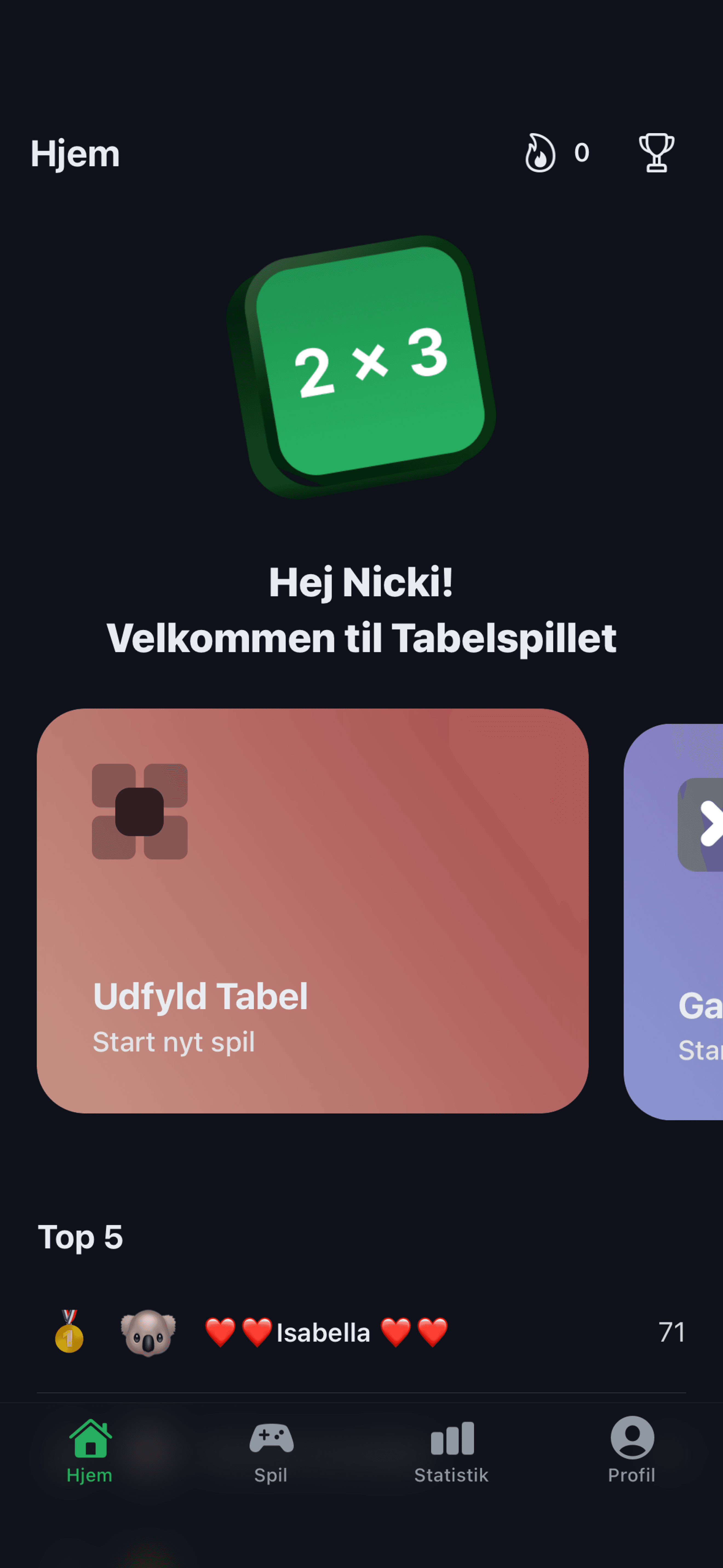 Tabelspil skærmbillede